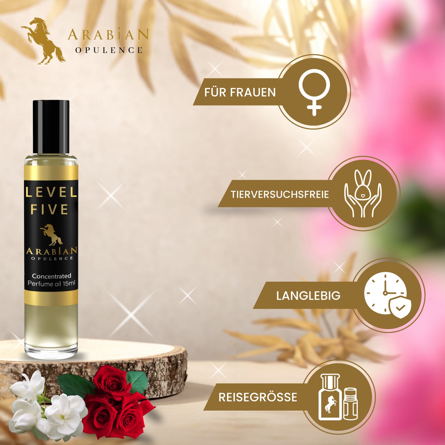 HUILE DE PARFUM FR70 NIVEAU 5 POUR FEMME. Flacon roll-on de 6 ml. L'opulence arabe. Boisé / floral / poudré / aldéhydique / terreux